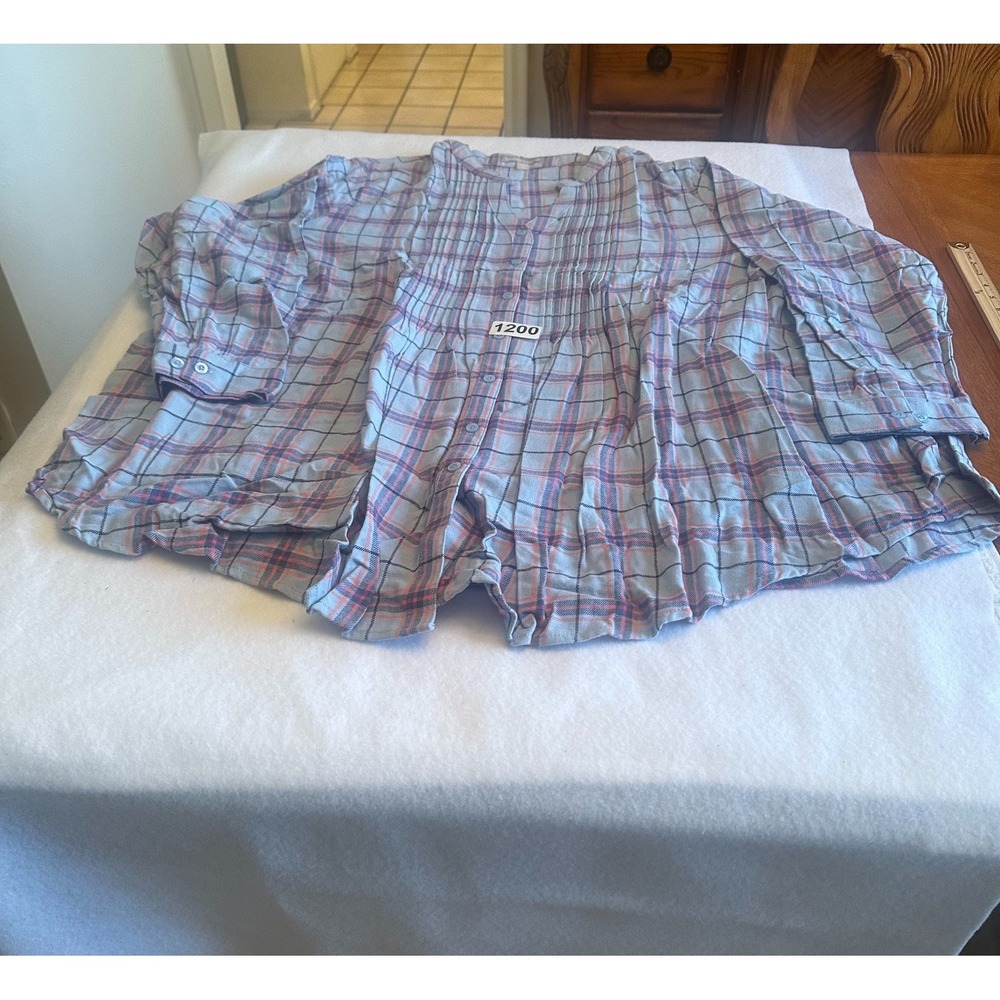 Woman Within Top Womens 3X 30 32 Blue Plaid Pintuck Button Front Blouse Plus - Picture 2 of 7